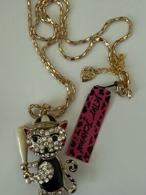 Vintage Betsey Johnson Articulated Head Cat Baseball Necklace Blue/Gold Pendant